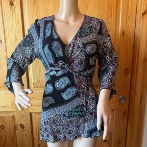 Vintage Y2K Dressbarn Top L Babydoll Tie Waist Rayon Paisley Boho Festival